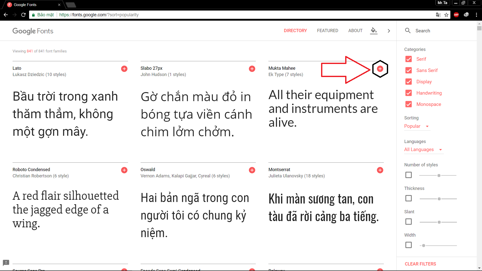 Truy cập trang font chữ của Google